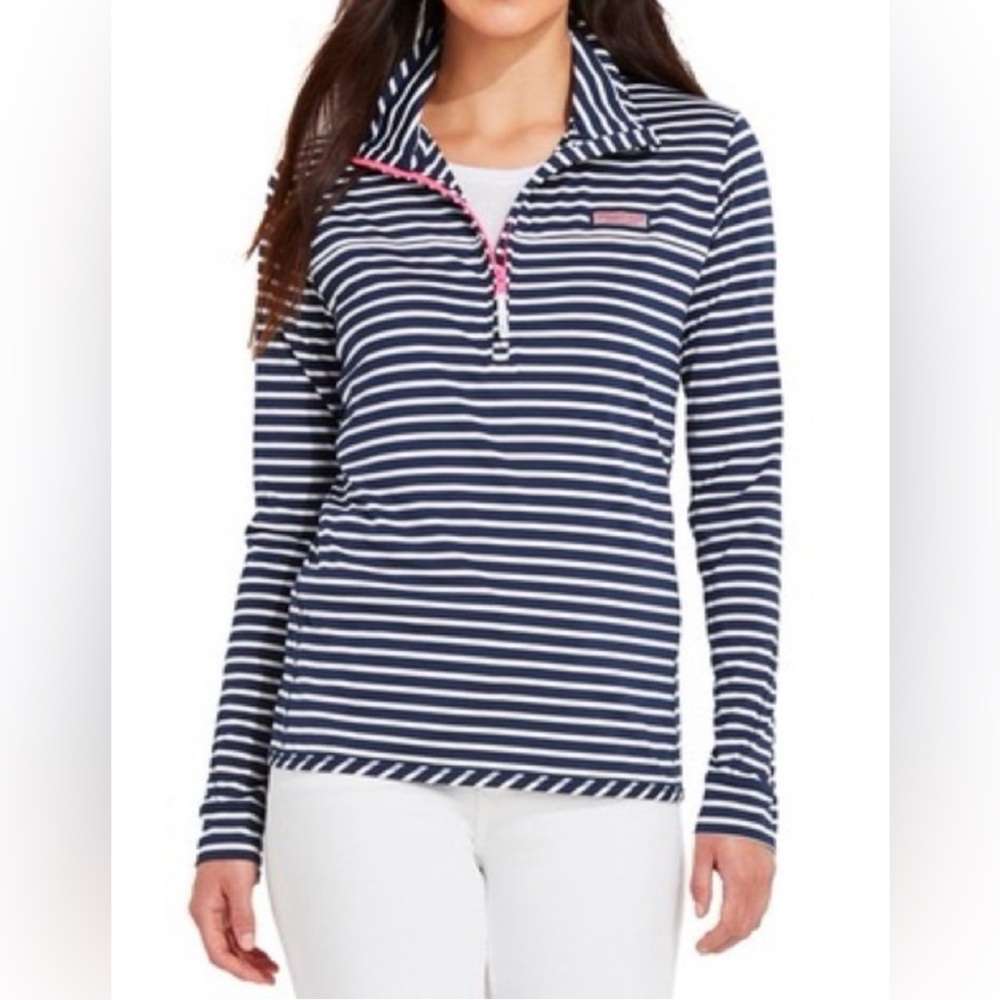 Vineyard Vines Women's Navy and White Striped Long Sleeve Shep Shirt